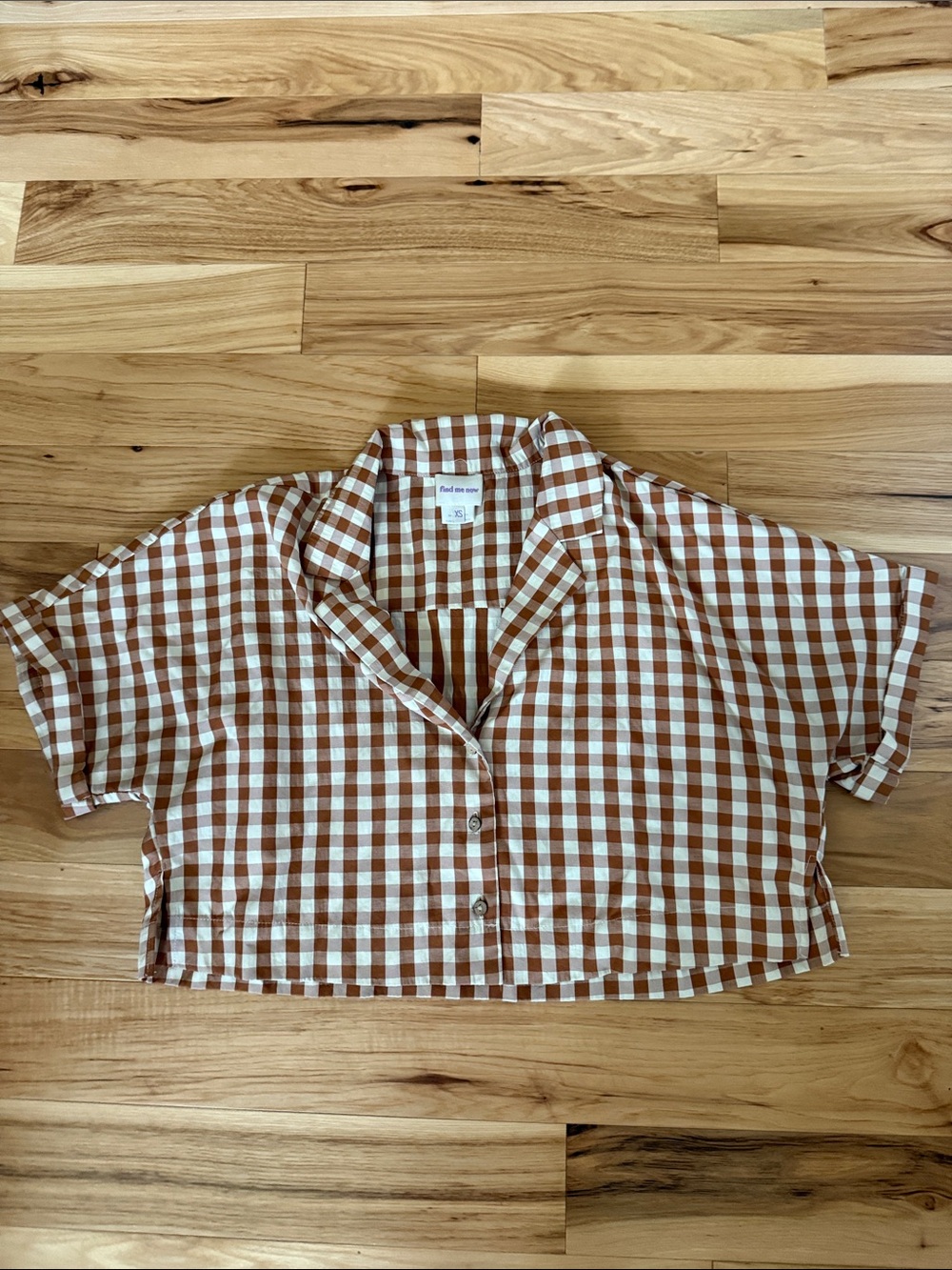 Cropped Gingham Button-Up Shirt - Brown/White